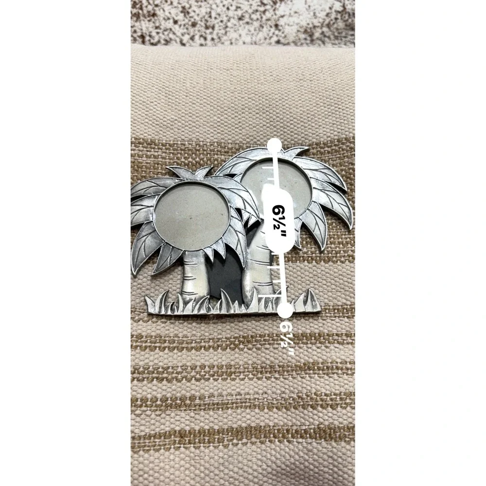 Palm Tree Double Picture Frame Pewter Silver Tone Coastal Tropical Decor